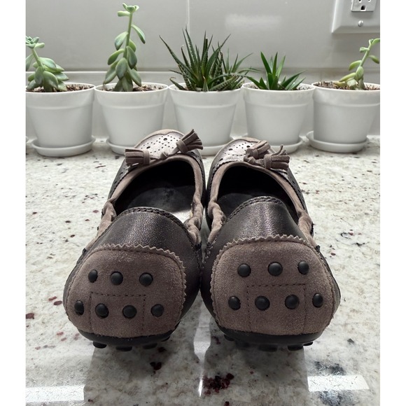 Tod's Women's Size 36.5 (US 6.5) Metallic Taupe Suede Tassel Driving Flats - Picture 2 of 13